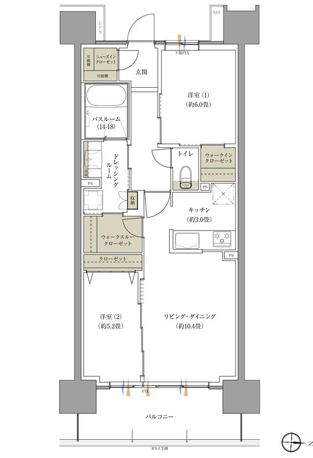 ザ・レジデンス松本深志の間取り図　O：2LDK+WIC+WTC+SIC