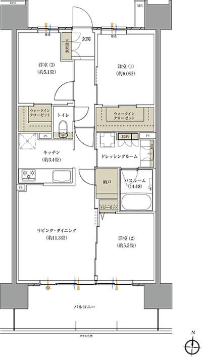 ザ・レジデンス松本深志の間取り図　K：3LDK+2WIC+N