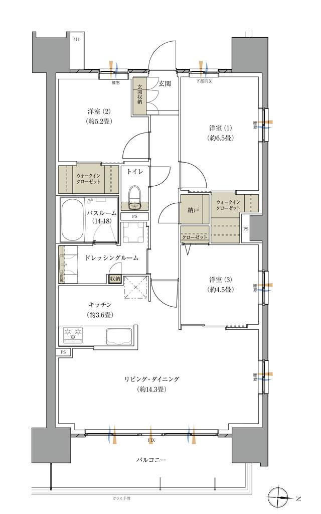 ザ・レジデンス松本深志の間取り図　T：3LDK+2WIC+N