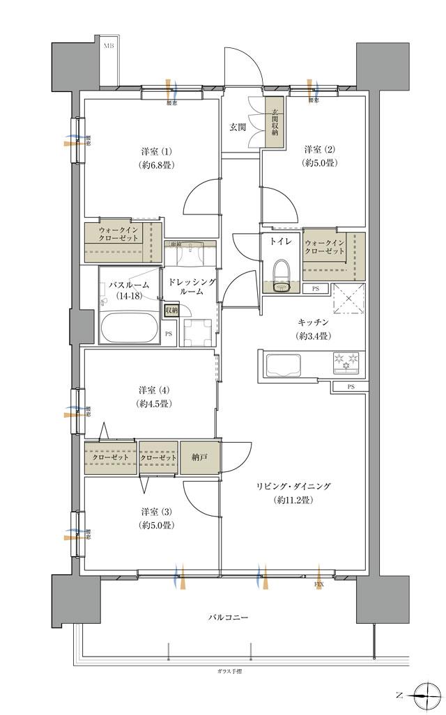 ザ・レジデンス松本深志の間取り図　A：4LDK+2WIC+N