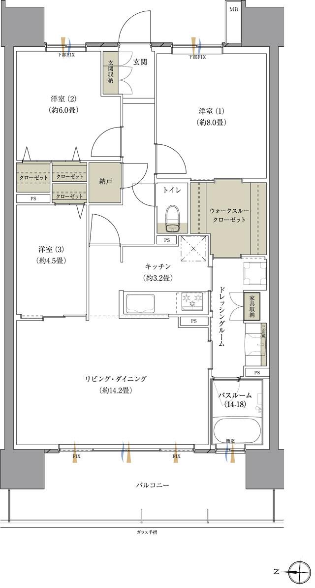 ザ・レジデンス松本深志の間取り図　D：3LDK+WTC+N