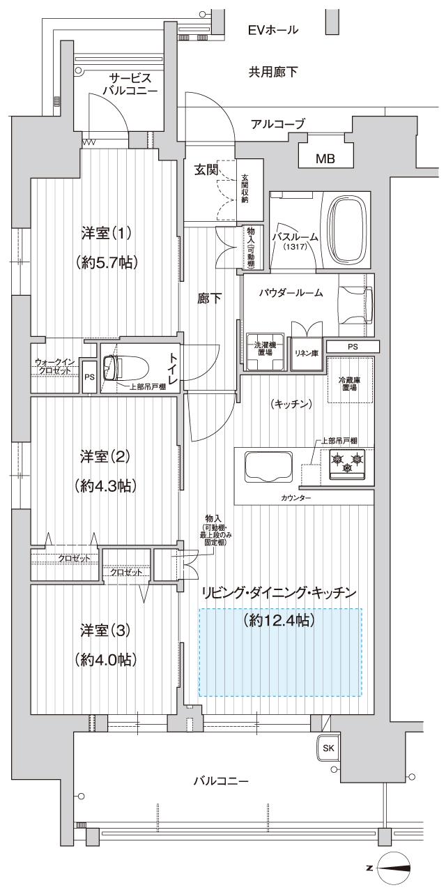 プレサンス ロジェ 志賀本通 テラスの間取り図　A：3LDK+WIC