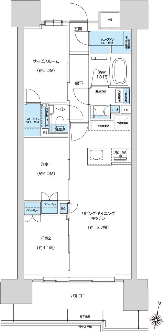 プレシスタワー三島広小路の間取り図　B：2LDK+S+WIC+SIC