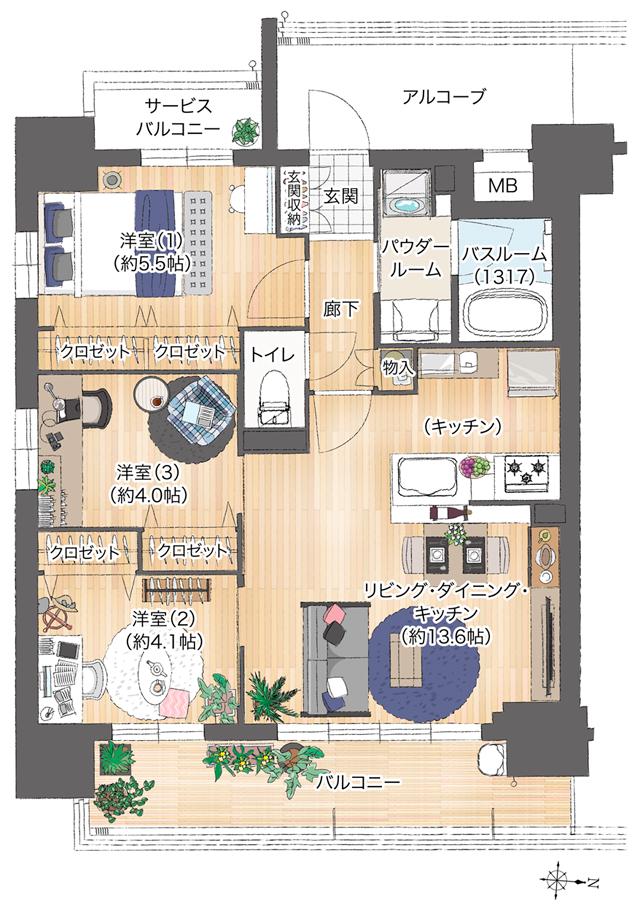 プレサンス レイズ 桜山 WEST・プレサンス レイズ 桜山 EASTの間取り図　WEST-A：3LDK