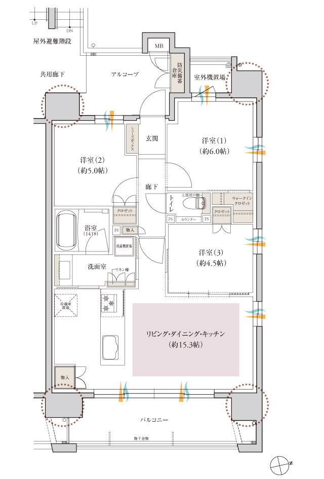 レ・ジェイド鶴舞の間取り図　E：3LDK+WIC