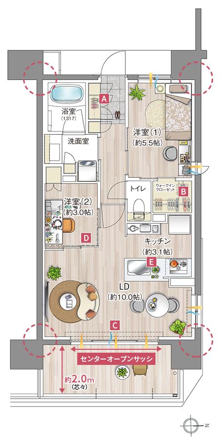 レーベン名古屋 MARK EASTの間取り図　A：2LDK+WIC