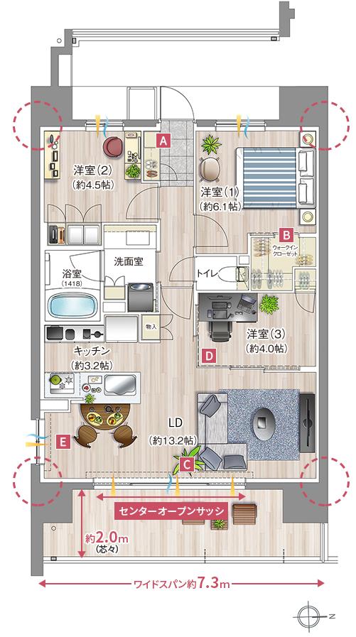 レーベン名古屋 MARK EASTの間取り図　B：3LDK+WIC