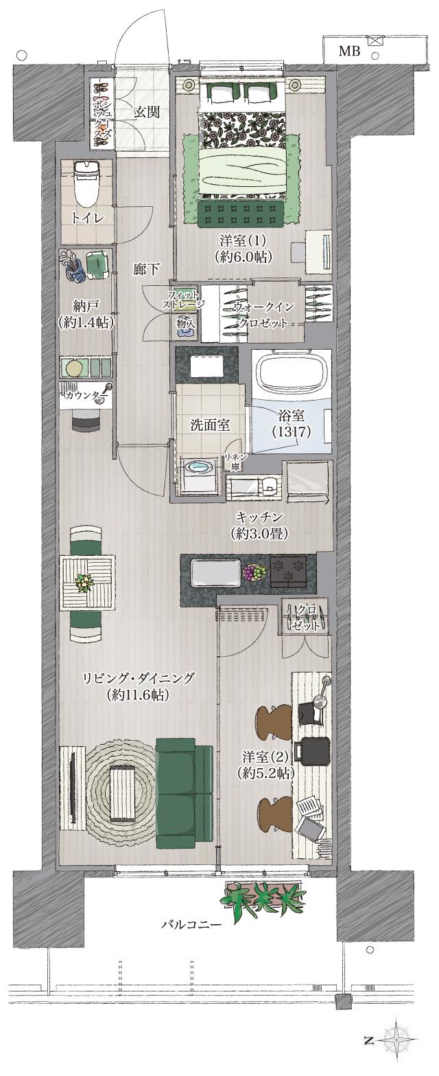 葵クロスタワーの間取り図　D：2LDK+WIC+N
