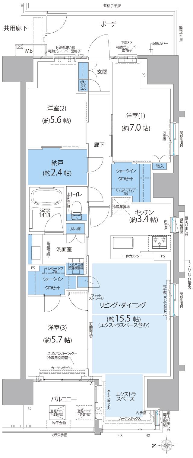 葵クロスタワーの間取り図　H2(ｍ3)：3LDK+2WIC+納戸