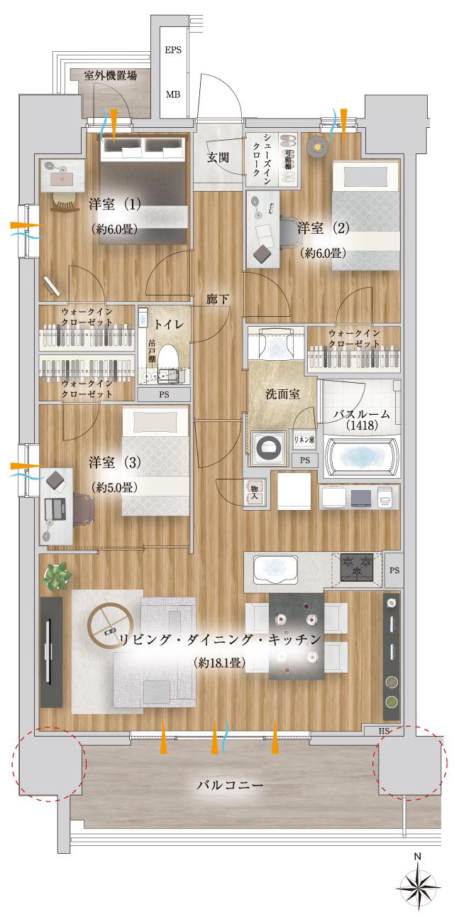 オープンレジデンシア名古屋グランデの間取り図　A：3LDK+3WIC+SIC