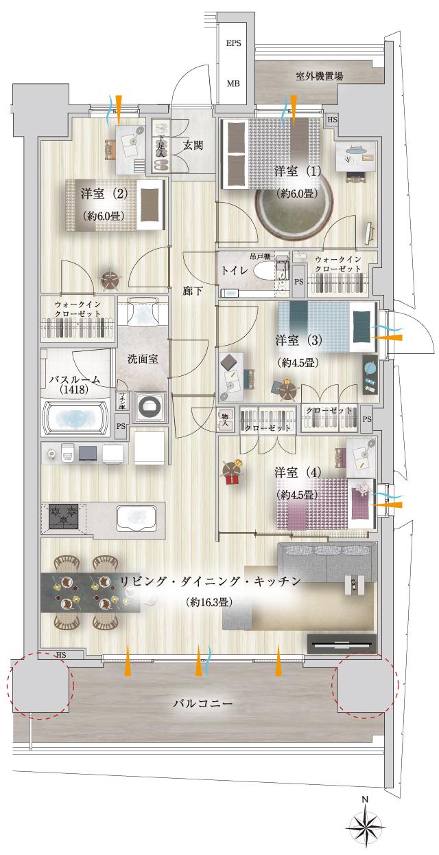 オープンレジデンシア名古屋グランデの間取り図　E：4LDK+2WIC