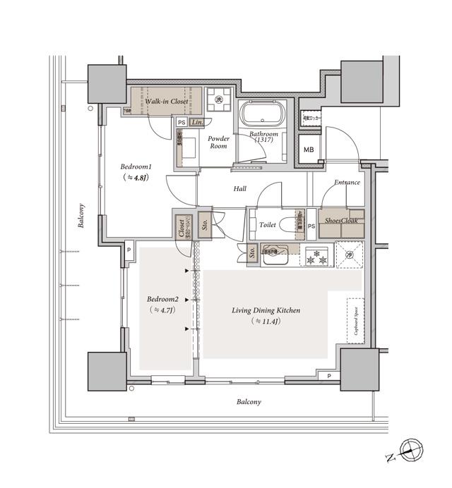 プラウドタワー久屋大通公園南の間取り図　A（セレクトプラン1）：2LDK+WIC+SIC