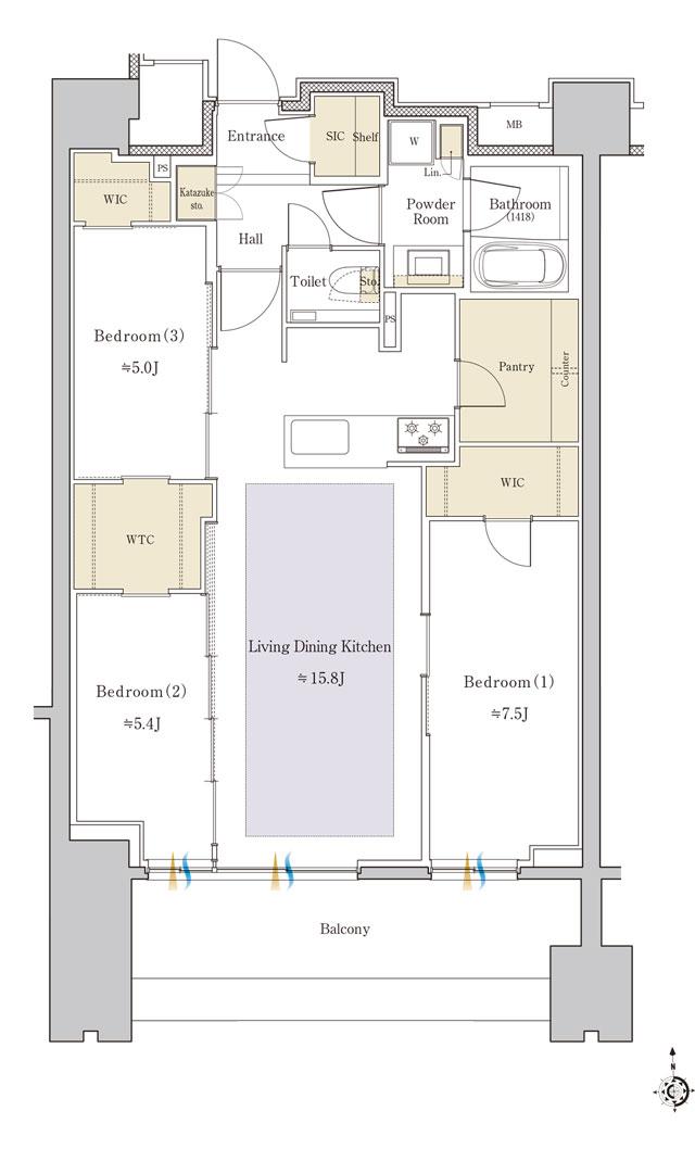 クリオ代官町ザ・クラシックの間取り図　B1：3LDK+WTC+2WIC+SIC+MC