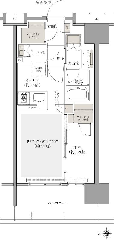 リニアゲートタワー名古屋の間取り図　W-C2：1LDK+SIC+WIC