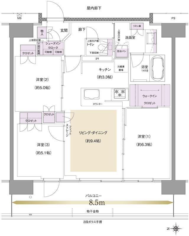 リニアゲートタワー名古屋の間取り図　W-F2：3LDK+WIC+SIC