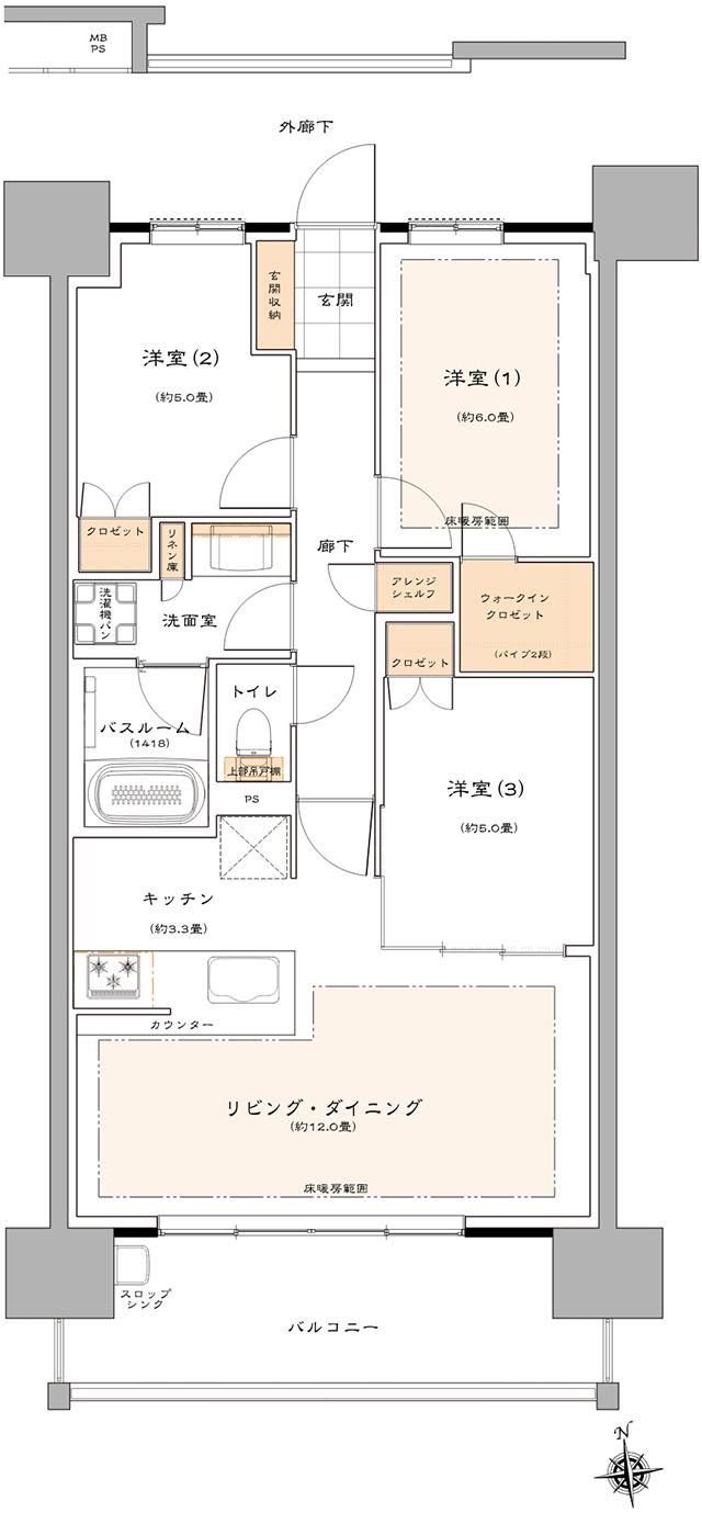 ライオンズ桑名八間通マスターフォートの間取り図　B：3LDK+WIC