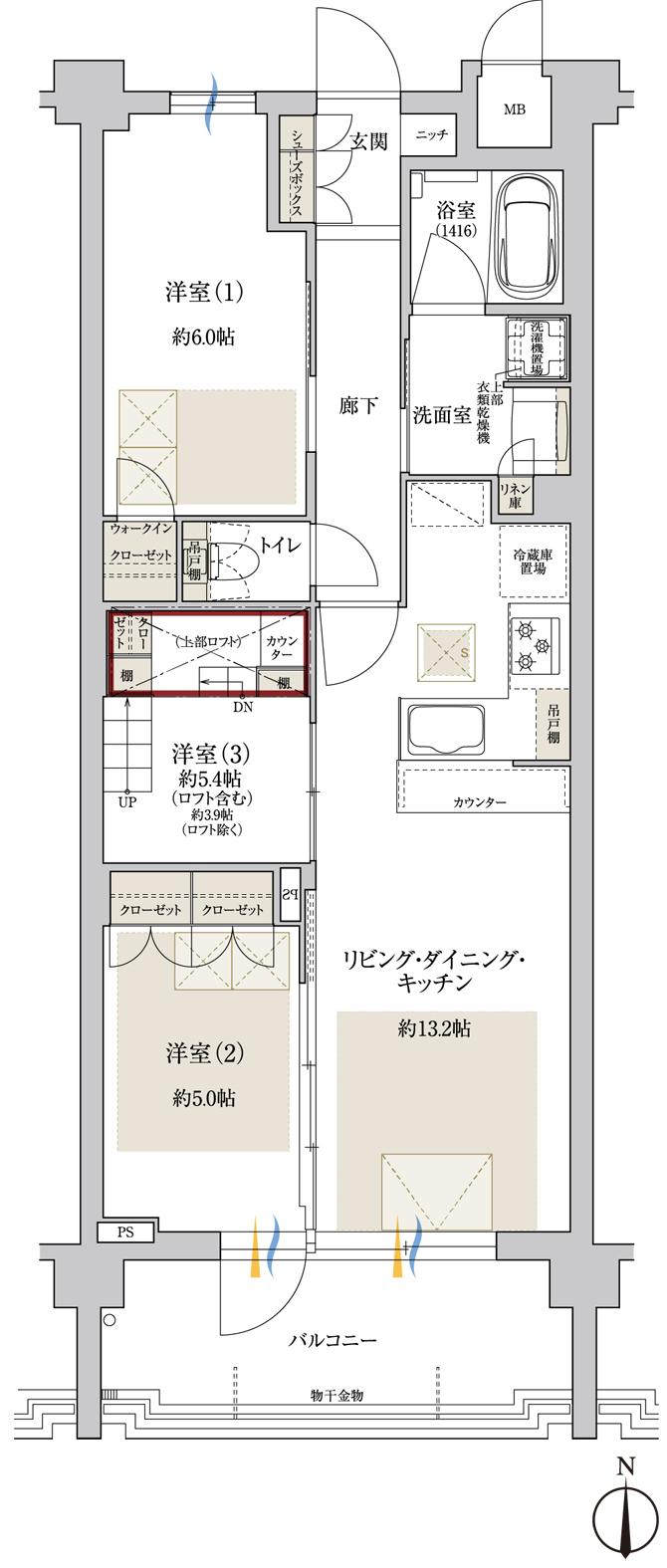 ドルチェヴィータ名古屋則武の間取り図　E1：3LDK+LF