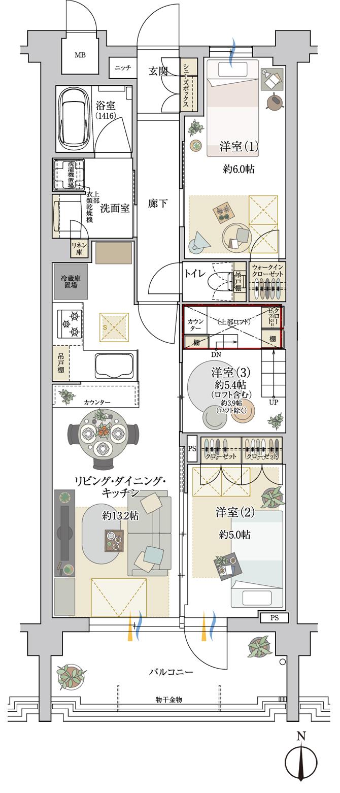 ドルチェヴィータ名古屋則武の間取り図　E1(202)：3LDK+LF+WIC