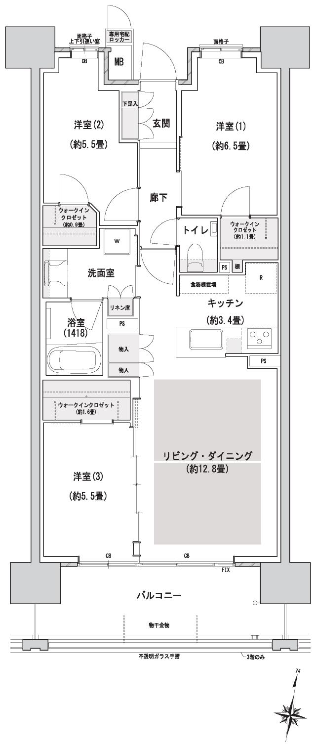 パークホームズ刈谷アネシアの間取り図　SE：3LDK+3WIC