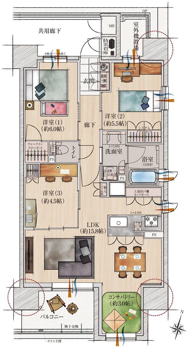 プラセシオン瑞穂弥富通の間取り図　D：3LDK＋コンサバトリー+WIC＋防災倉庫