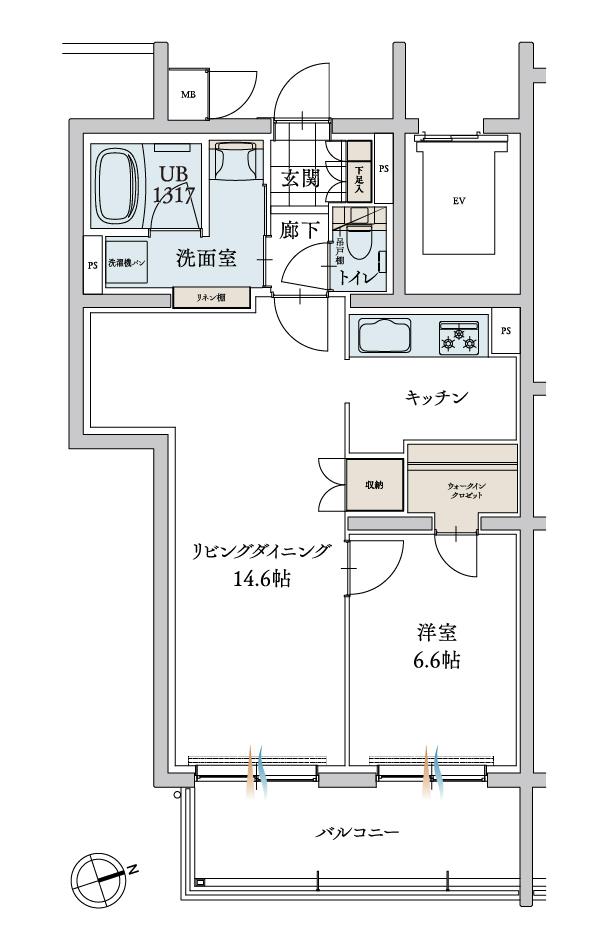 エンブル・パーク＆レジデンス駿河池田の間取り図　L：1LDK+WIC