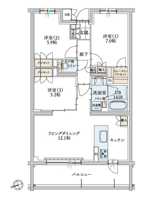 エンブル・パーク＆レジデンス駿河池田の間取り図　H1：3LDK+WIC