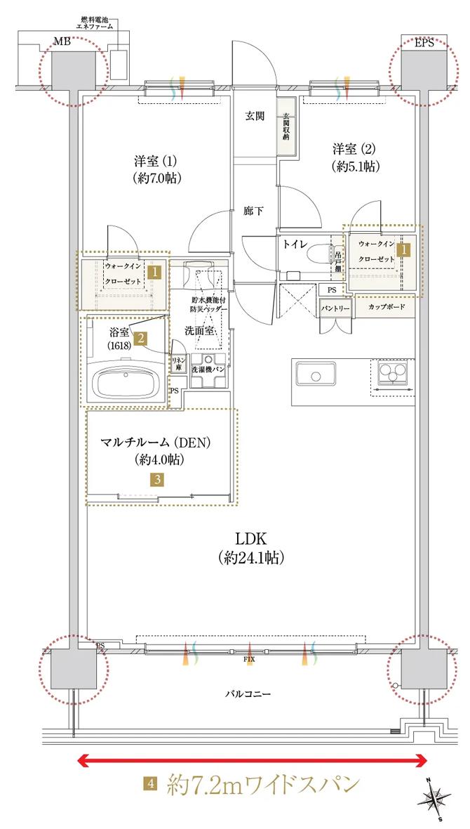 一条レジデンス西伊場（ICHIJO RESIDENCE NISHI-IBA）の間取り図　DW：2LDK+DEN+2WIC
