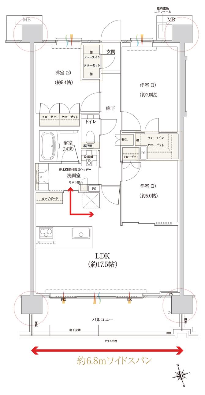 一条レジデンス西伊場（ICHIJO RESIDENCE NISHI-IBA）の間取り図　FW：3LDK+WIC+SIC
