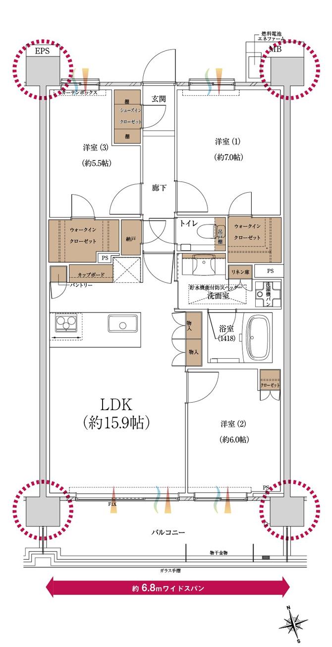 一条レジデンス西伊場（ICHIJO RESIDENCE NISHI-IBA）の間取り図　GW：3LDK+2WIC+N+SIC