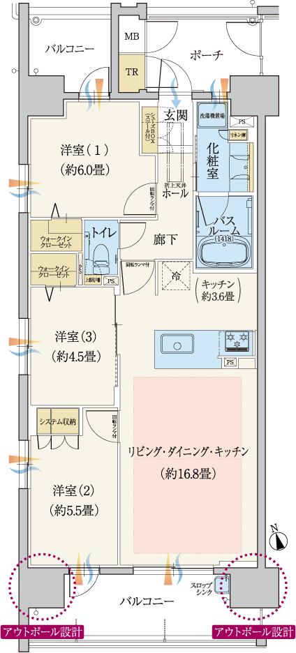 モアグレース一宮本町の間取り図　D：3LDK+2WIC