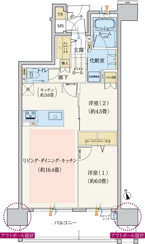 モアグレース一宮本町の間取り図　E：2LDK+WIC+SC