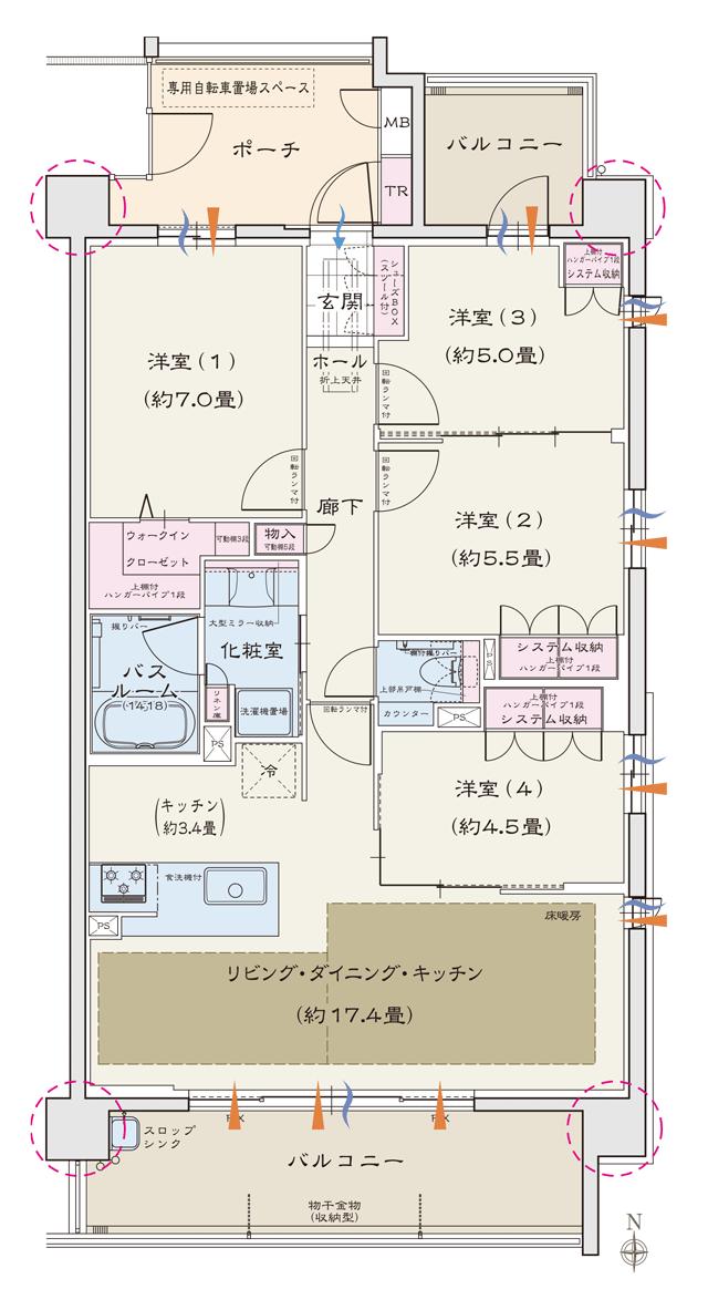 モアグレース各務原ミッドライズの間取り図　G：4LDK+WIC