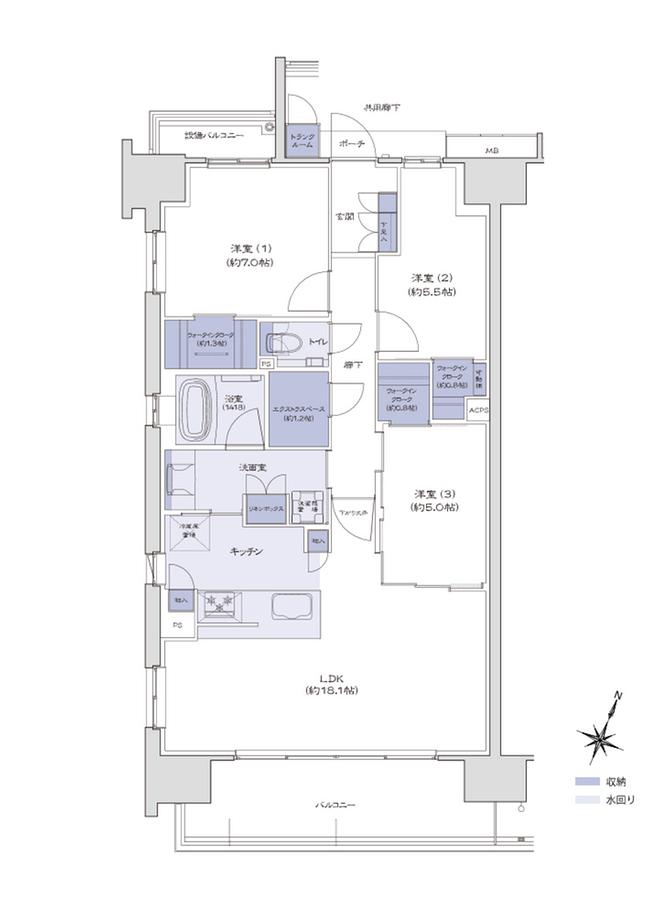 ブライトタウン御厨駅前の間取り図　A（メニュー1）：3LDK+3WIC+ES