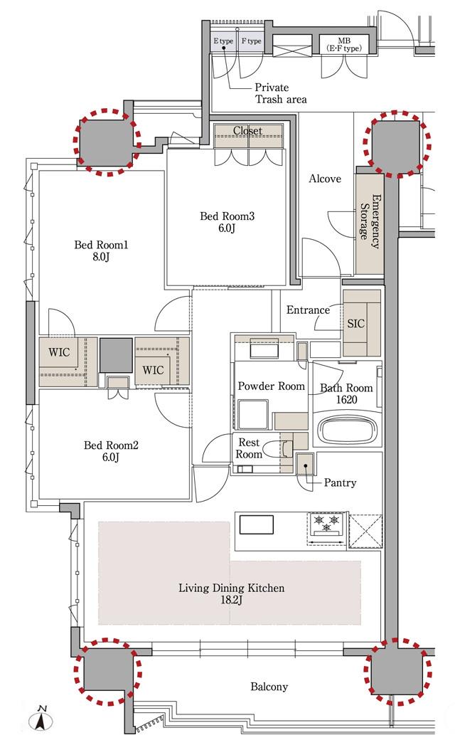 レ・ジェイド橦木町の間取り図　E：3LDK+WIC+SIC