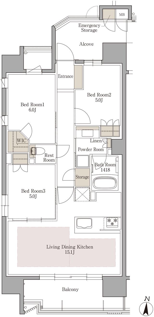 レ・ジェイド橦木町の間取り図　A：3LDK+WIC+N