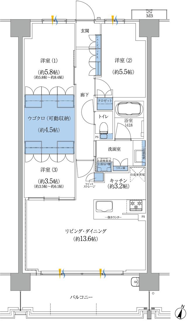 エムズシティ鳴子プレディアの間取り図　AD3：3LDK+UGOCLO