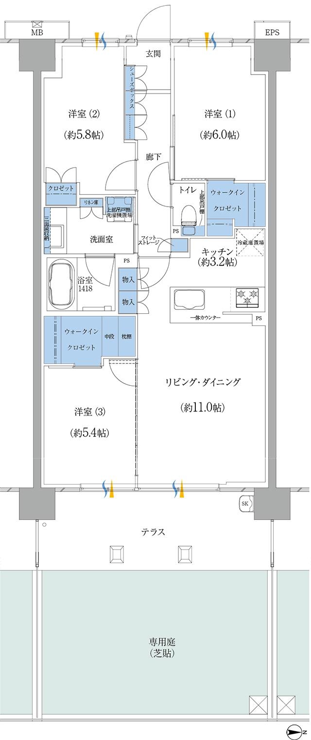 エムズシティ鳴子プレディアの間取り図　AK1t：3LDK+2WIC