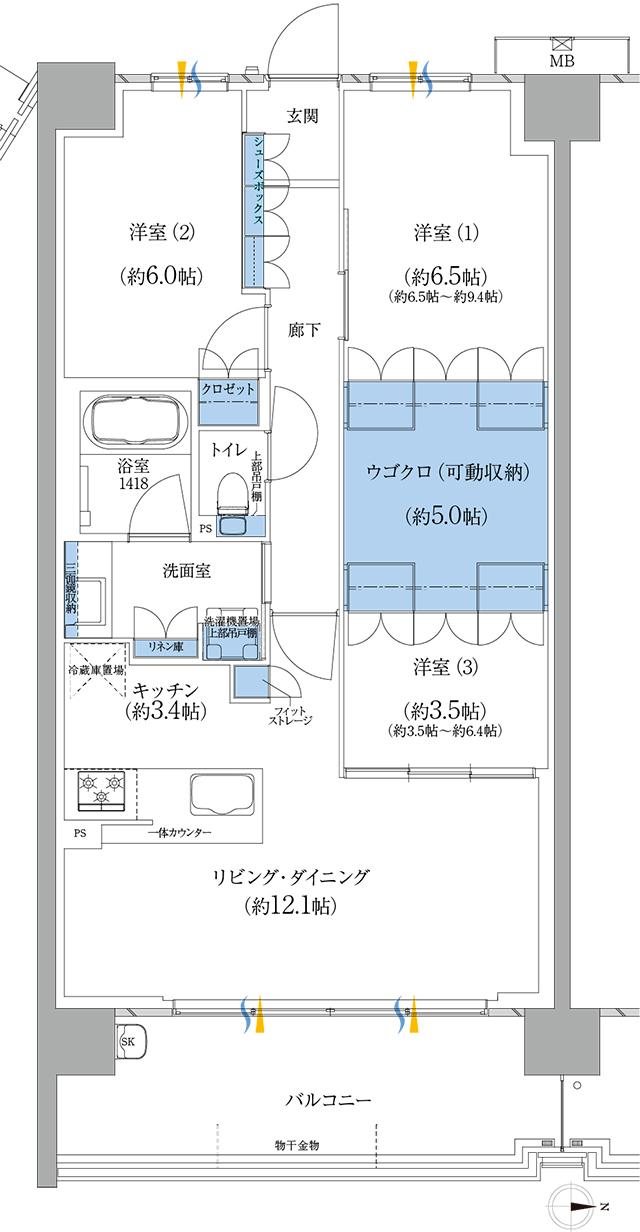 エムズシティ鳴子プレディアの間取り図　AJ：3LDK+UGOCLO