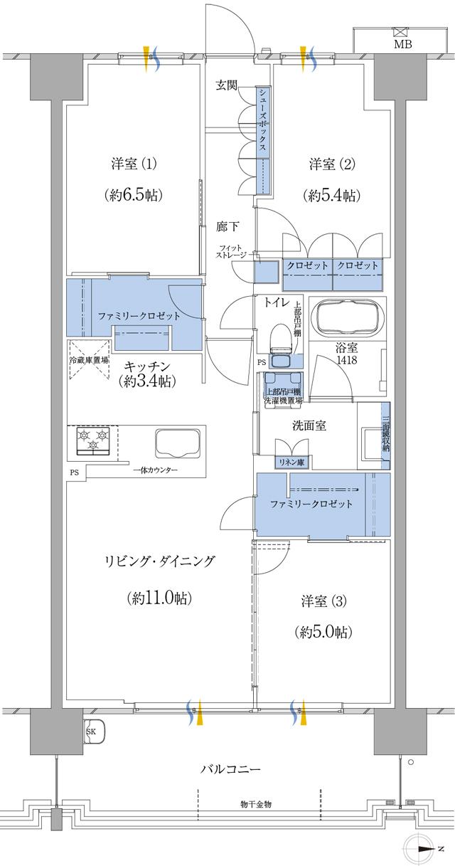 エムズシティ鳴子プレディアの間取り図　AL：3LDK+2FC