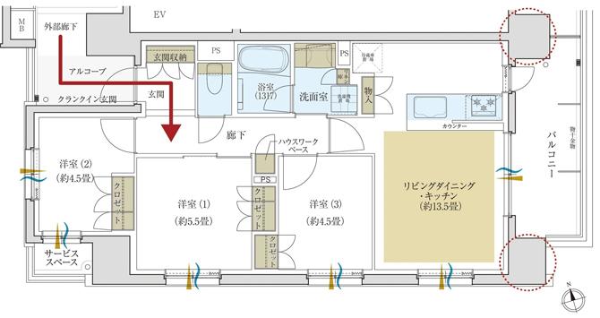 デュオヒルズ今池の間取り図　A：3LDK