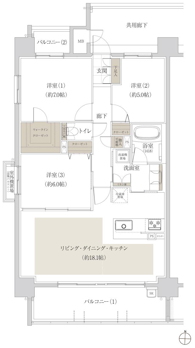 グランザ千種茶屋ヶ坂の間取り図　A：3LDK+WIC
