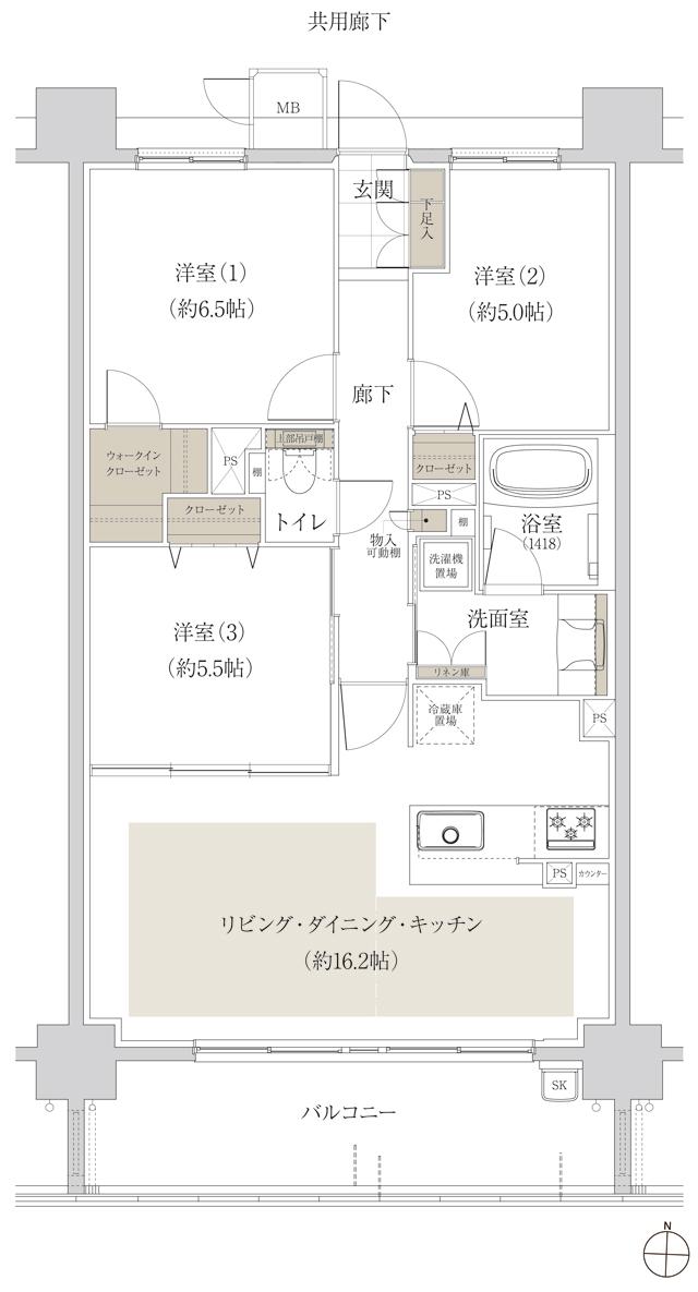 グランザ千種茶屋ヶ坂の間取り図　B：3LDK+WIC
