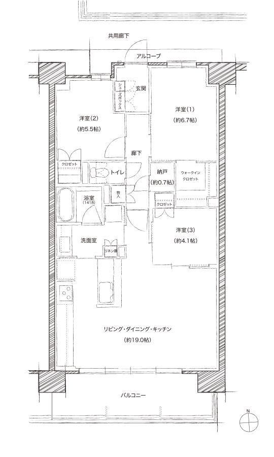 シエリアシティナゴヤドーム前矢田の間取り図　SJ：3LDK+WIC+N