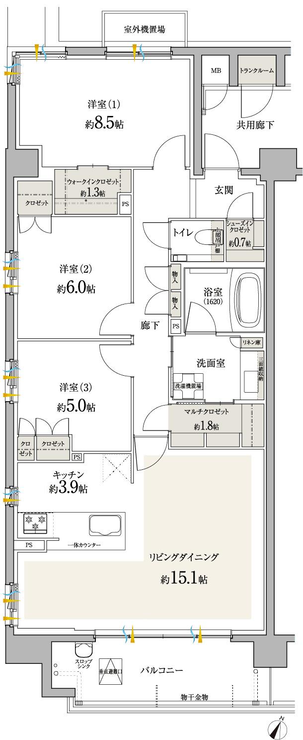 プレティナレジデンス上社の間取り図　J：3LDK+TR+MC+WIC+SIC