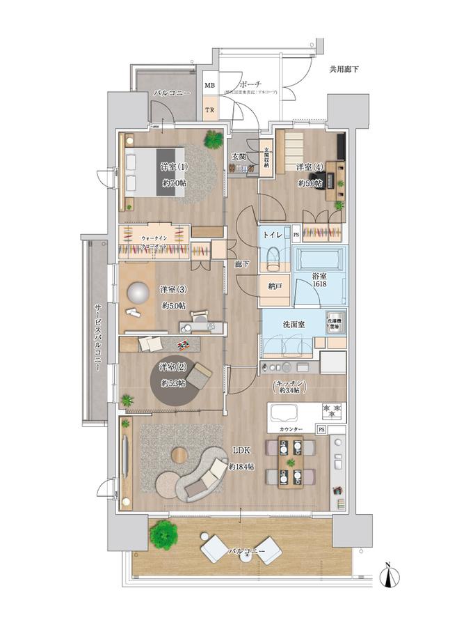 Tステージ豊田四郷 レガリアEASTの間取り図　J：4LDK+WIC+N