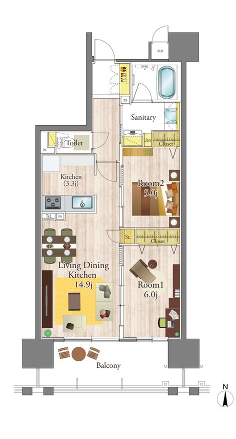 リコット岡崎駅南の間取り図　B（メニュー2）：2LDK