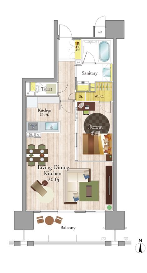 リコット岡崎駅南の間取り図　B（メニュー1）：1LDK+WIC