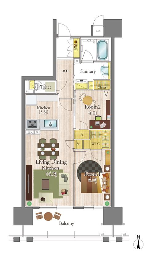 リコット岡崎駅南の間取り図　B（メニュー3）：2LDK+WIC
