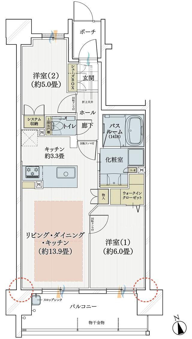 モアグレース千種春岡の間取り図　B：2LDK+WIC