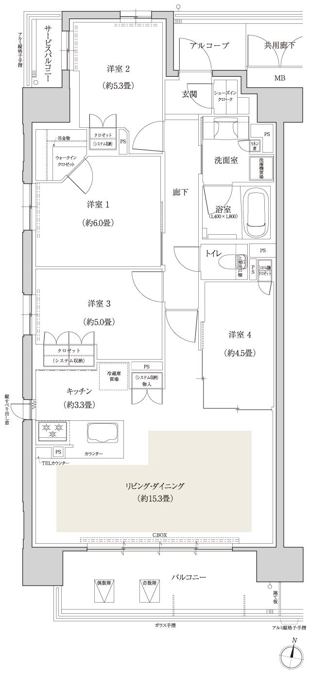ローレルコート赤池の間取り図　E：4LDK＋WIC＋SIC
